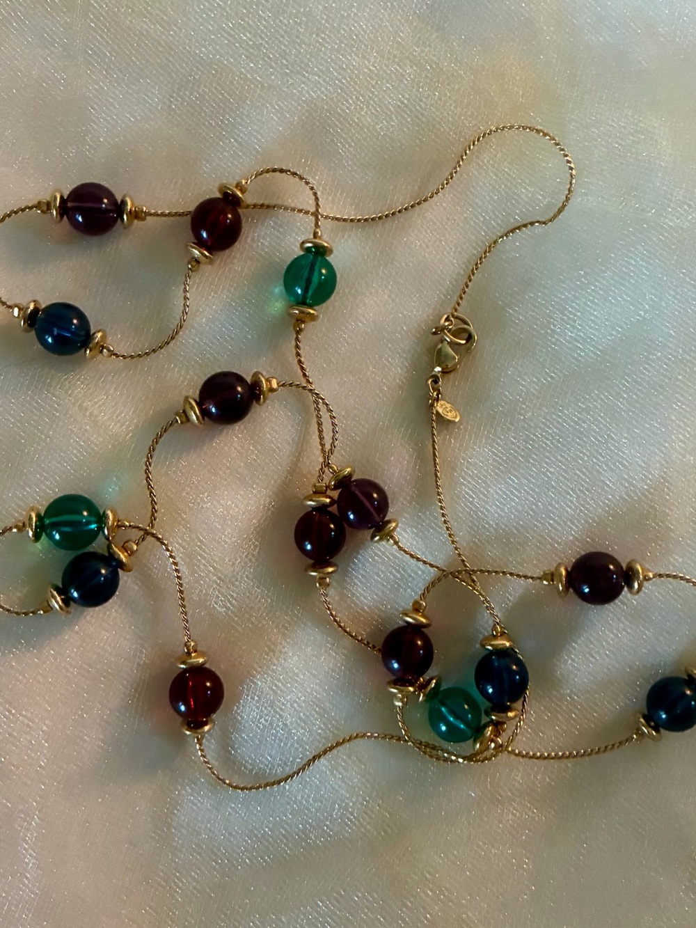 Vintage Gold-Tone Station Necklace with Green and Deep Burgundy Beads